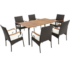 7 Piece Wicker Patio Dining Set for 6, 63 by 36 Inch Acacia Table and Six Chairs with Acacia Armrests