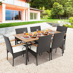 7 Piece Wicker Patio Dining Set for 6, 63 by 36 Inch Acacia Table and Six Chairs with Acacia Armrests