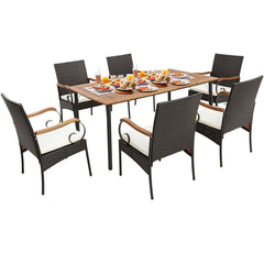 7 Piece Wicker Patio Dining Set for 6, 63 by 36 Inch Acacia Table and Six Chairs with Acacia Armrests