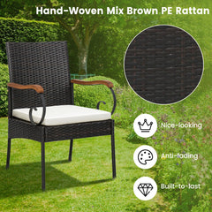 7 Piece Wicker Patio Dining Set for 6, 63 by 36 Inch Acacia Table and Six Chairs with Acacia Armrests