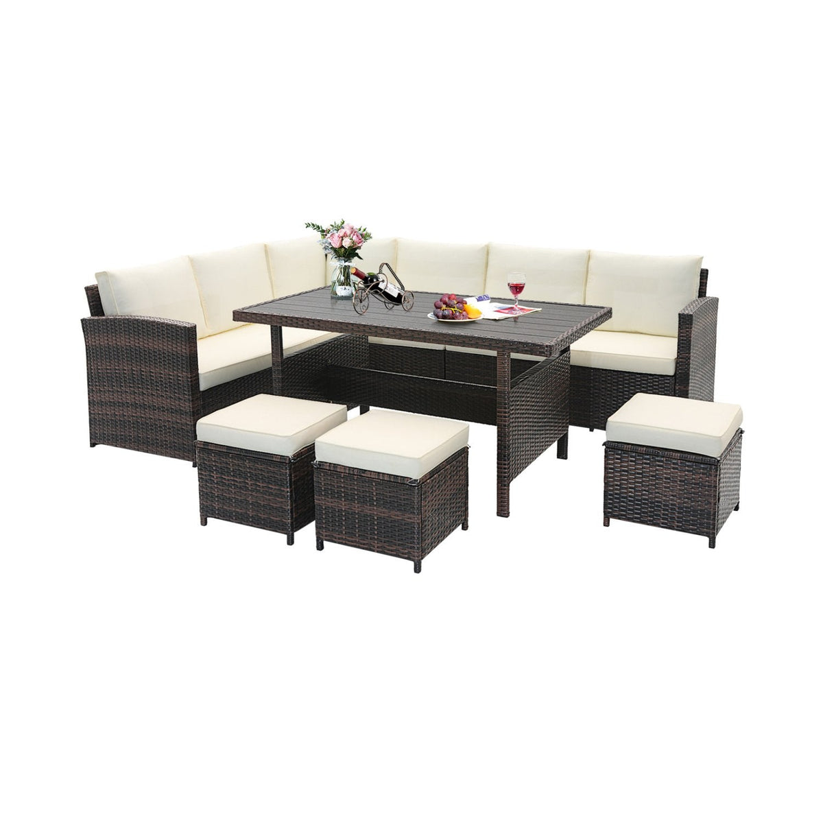 7 Piece Wicker Patio Set, 3 Sofa Sections, 3 Ottomans and 51 in Slatted Table, Cream Cushions