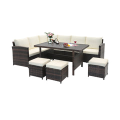 7 Piece Wicker Patio Set, 3 Sofa Sections, 3 Ottomans and 51 in Slatted Table, Cream Cushions