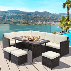 7 Piece Wicker Patio Set, 3 Sofa Sections, 3 Ottomans and 51 in Slatted Table, Cream Cushions