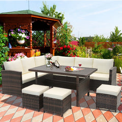 7 Piece Wicker Patio Set, 3 Sofa Sections, 3 Ottomans and 51 in Slatted Table, Cream Cushions