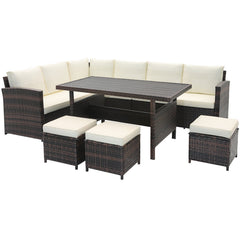 7 Piece Wicker Patio Set, 3 Sofa Sections, 3 Ottomans and 51 in Slatted Table, Cream Cushions