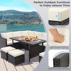 7 Piece Wicker Patio Set, 3 Sofa Sections, 3 Ottomans and 51 in Slatted Table, Cream Cushions