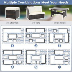 7 Piece Wicker Patio Set, 3 Sofa Sections, 3 Ottomans and 51 in Slatted Table, Cream Cushions
