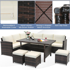 7 Piece Wicker Patio Set, 3 Sofa Sections, 3 Ottomans and 51 in Slatted Table, Cream Cushions