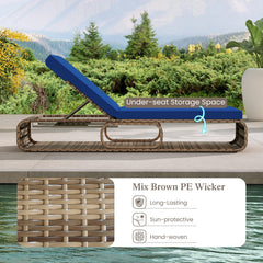 PE Rattan Chaise Lounge with 7 Level Backrest and Under Seat Storage, Navy