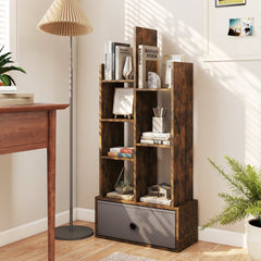 7 Tier Open Back Bookshelf with Fabric Drawer, Narrow Display Shelf, Rustic Brown
