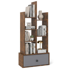 7 Tier Open Back Bookshelf with Fabric Drawer, Narrow Display Shelf, Rustic Brown