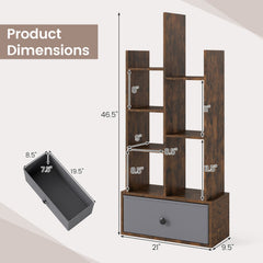 7 Tier Open Back Bookshelf with Fabric Drawer, Narrow Display Shelf, Rustic Brown