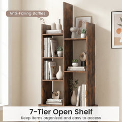 7 Tier Open Back Bookshelf with Fabric Drawer, Narrow Display Shelf, Rustic Brown