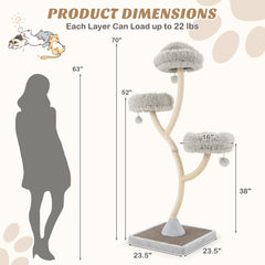 70 Inch Grey Cat Tree on a Curved Metal Frame with Three Round Perches
