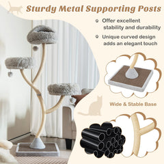 70 Inch Grey Cat Tree on a Curved Metal Frame with Three Round Perches