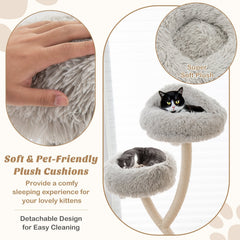 70 Inch Grey Cat Tree on a Curved Metal Frame with Three Round Perches