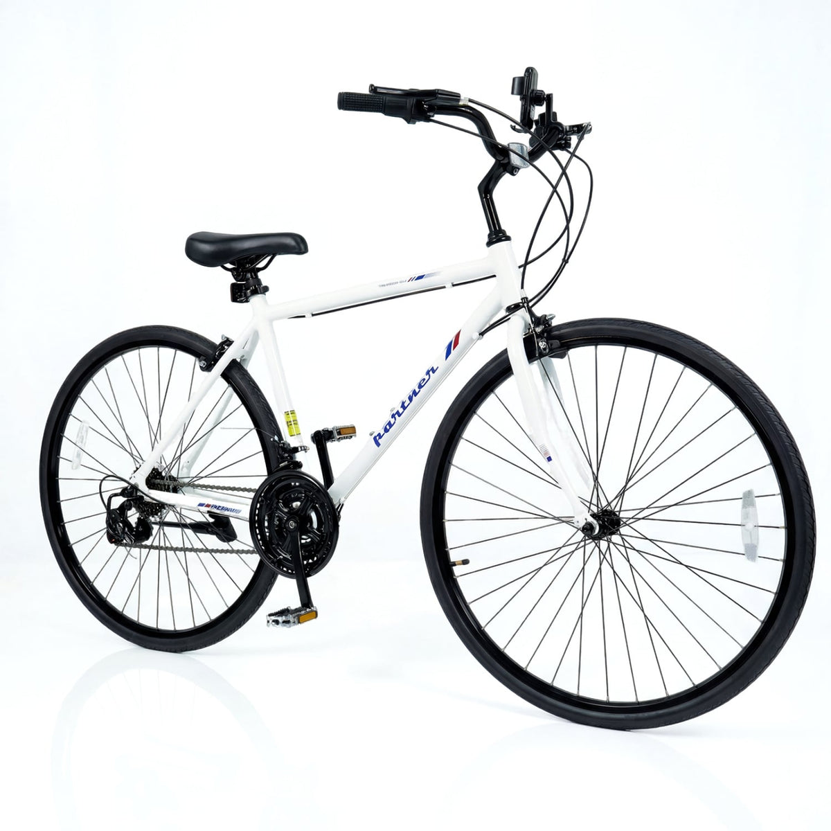 700C Hybrid Bike with Shimano 18 Speed and Phone Holder, White