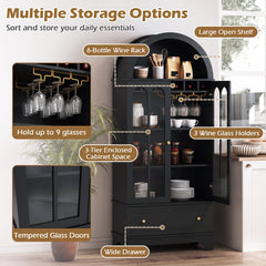 71.5 Inch Arched Cabinet 5-Tier with Tempered Glass Doors and Wine Rack-Black