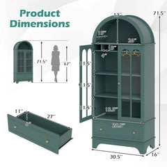 71.5 Inch Arched Cabinet 5-Tier with Tempered Glass Doors and Wine Rack-Green
