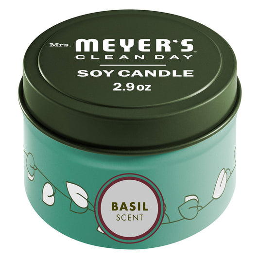 MRS. MEYER'S Clean Day Soy Tin Candle, 12 Hour Burn Time, Made with Soy Wax and Essential Oils, Basil, 2.9 oz