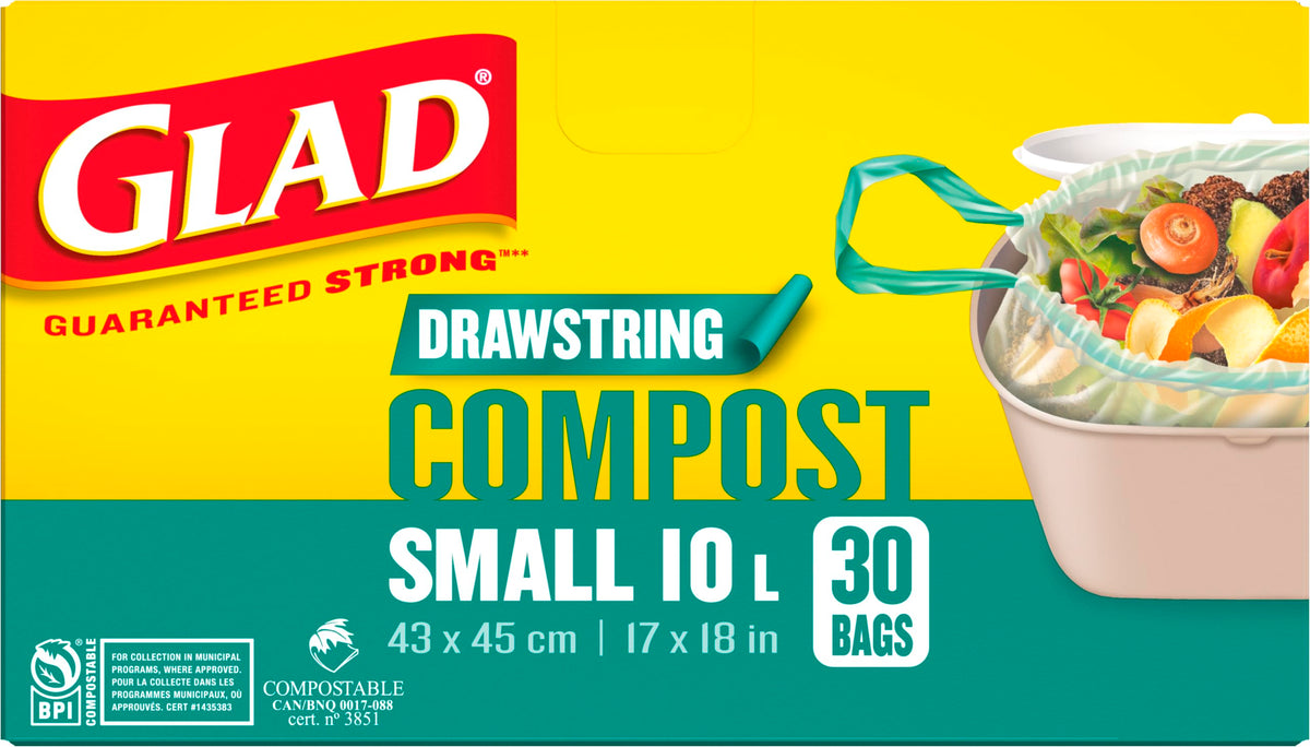 Glad 100% Compostable Drawstring Bags - Small 10 Litres - Drawstring, 30 Compost Trash Bags - Unscented