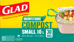 Glad 100% Compostable Drawstring Bags - Small 10 Litres - Drawstring, 30 Compost Trash Bags - Unscented