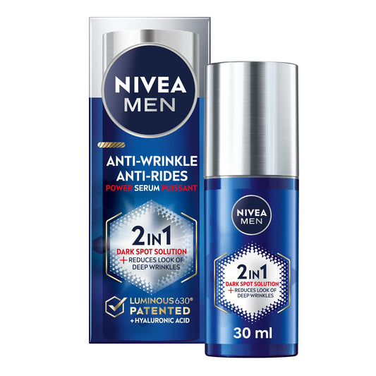 NIVEA MEN Anti Wrinkle 2-In-1 Power Serum for All Skin Types, Dark Spot Solution Face Serum for Men, With Luminous630 and Hyaluronic Acid to Reduce Deep Wrinkles and Dark Spots, 30mL