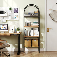 71 inches Tall Arched Bookcase 4-Tier with Storage Shelves & Metal Frame for Home Office-Brown & Black
