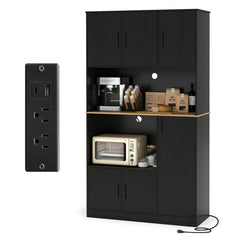 71 inches Tall Kitchen Pantry Cabinet with Charging Station Wooden Buffet Cupboard Sideboard-Black