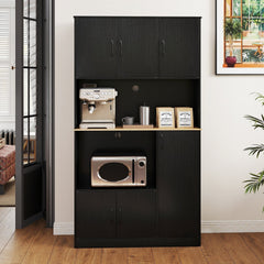 71 inches Tall Kitchen Pantry Cabinet with Charging Station Wooden Buffet Cupboard Sideboard-Black