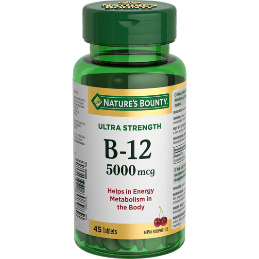 NATURE'S BOUNTY Vitamin B-12, Ultra Strength 5000 mcg, Helps Energy Metabolism, Helps Form Red Blood Cells, Aids Immune System, Prevents Vitamin B-12 Deficiency, Cherry-Flavoured Tablets, 9 g