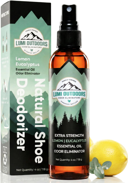 Lumi Outdoors Natural Shoe Deodorizer Spray (700+ Sprays) - Odor Eliminator for Smelly Shoes, Sneakers, Boots, Cleats & Foot Odor - Essential Oil Formula, Lemon Eucalyptus