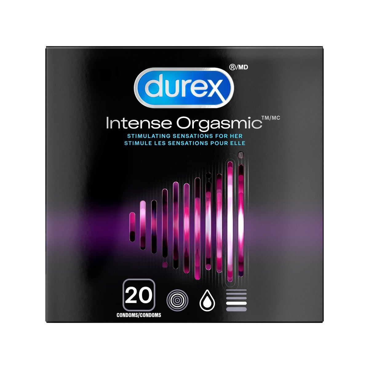 DUREX Intense Orgasmic Condoms, Ribbed and Dotted Texture with Desirex Gel for Simulating Sensation, Large 56mm Nominal Width, 20 Count