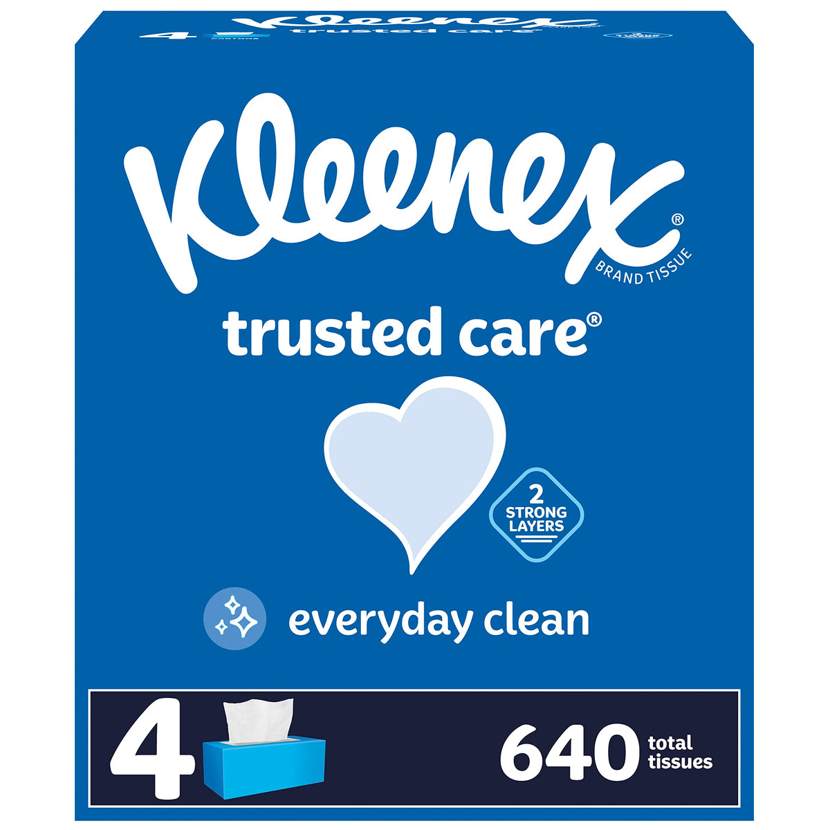 Kleenex Trusted Care Everyday Facial Tissues, 2-Ply, Hypoallergenic, 4 Flat Boxes, 160 Tissues per Box (640 Tissues Total), White (54305)