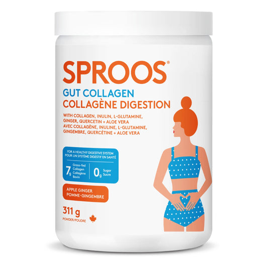 Sproos Gut Collagen | Hydrolyzed Collagen Powder + Inulin, L-Glutamine, Ginger, Quercetin, Aloe Vera| Enhanced Grass-Fed Collagen Peptides Powder, Apple Ginger Flavour, Tub, 311g