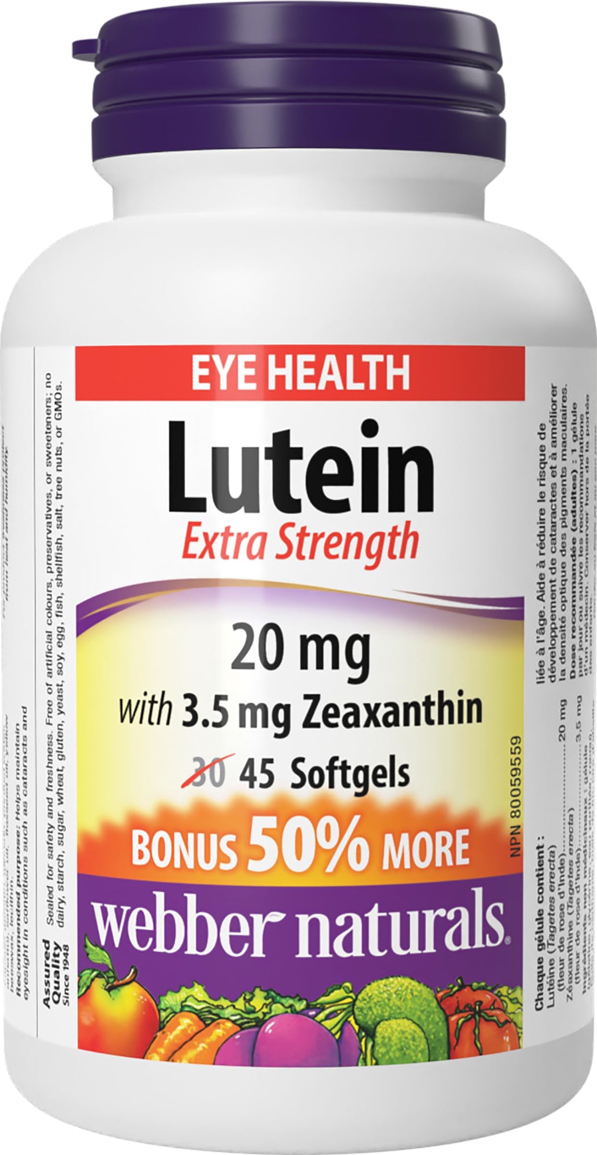 Webber Naturals Lutein 20 mg, 45 Softgels, Extra Strength Eye Support Supplement with Zeaxanthin