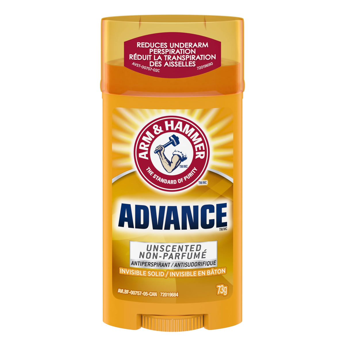 Arm & Hammer Advance Invisible Solid Antiperspirant Deodorant Stick, Unscented, 48H Protection, 73g