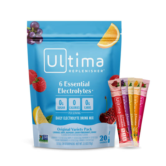 Ultima Replenisher Daily Electrolyte Powder – Original Variety Pack, 20 Stickpacks – Zero Sugar Hydration Packets with 6 Electrolytes and Minerals – Sugar Free, Plant Based & Keto Friendly Drink Mix