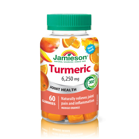 Jamieson Turmeric Gummies Mango Orange Flavour, Provides Natural Joint Pain Relief and Supports Inflammation, Potent Antioxidant. Vegetarian, Non-GMO, Gluten-Free, No Artificial Colours, or Flavours, 60 Count, Proudly Canadian
