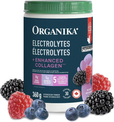 Organika Canadian-Made Electrolytes + Enhanced Collagen - Wildberry Flavour - Sugar-Free Hydration | 5g Protein + 100% of Daily Vitamin C | 360g, 30 Servings