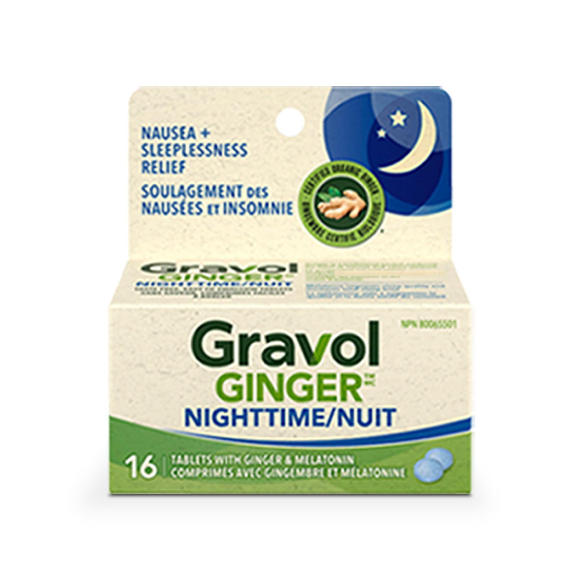 Gravol Ginger Nighttime Tablets, Nausea & Sleeplessness Relief, Made in Canada, With 20 mg Organic Ginger Extract & 3 mg Melatonin, 16 tablets