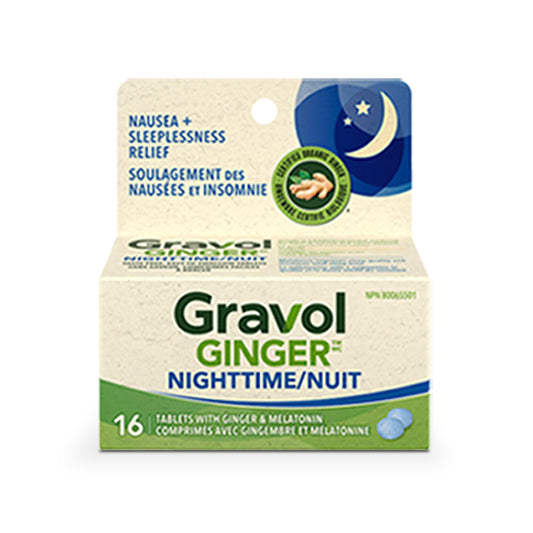 Gravol Ginger Nighttime Tablets, Nausea & Sleeplessness Relief, Made in Canada, With 20 mg Organic Ginger Extract & 3 mg Melatonin, 16 tablets