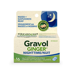 Gravol Ginger Nighttime Tablets, Nausea & Sleeplessness Relief, Made in Canada, With 20 mg Organic Ginger Extract & 3 mg Melatonin, 16 tablets