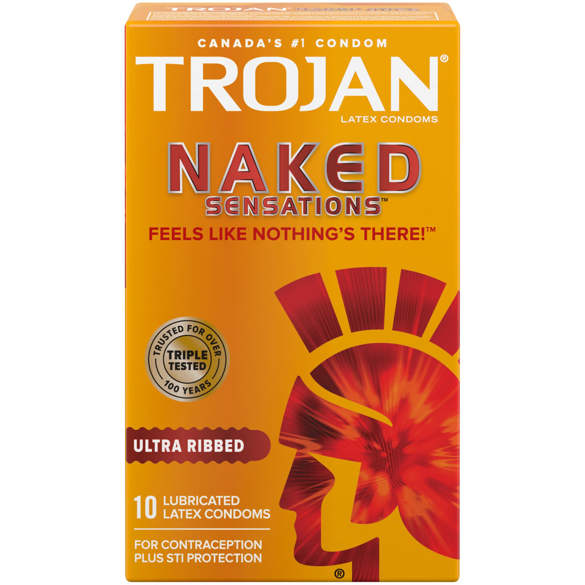 TROJAN Naked Sensations Ultra Ribbed Lubricated Latex Condoms, Feel the Pleasure & Not the Condom, Deep Ribs For Enhanced Experience, Special Reservoir Tip for Added Safety, 10 Count (Pack of 1)