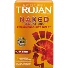 TROJAN Naked Sensations Ultra Ribbed Lubricated Latex Condoms, Feel the Pleasure & Not the Condom, Deep Ribs For Enhanced Experience, Special Reservoir Tip for Added Safety, 10 Count (Pack of 1)