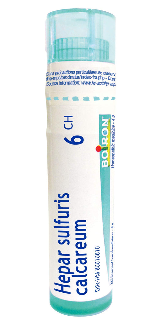 Boiron Hepar sulfuris calcareum 6ch,Homeopathic medicine. Each tube contains 4 g (approximately 80 pellets)