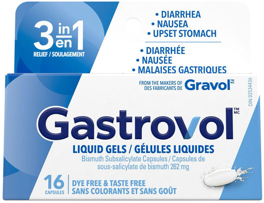 Gastrovol 3-in-1 Relief Liquid Gels for Diarrhea, Nausea, and Upset Stomach - Made in Canada - Dye-Free & Taste-Free - Diarrhea Relief - 16 Capsules (Pack of 1)