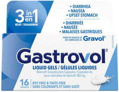 Gastrovol 3-in-1 Relief Liquid Gels for Diarrhea, Nausea, and Upset Stomach - Made in Canada - Dye-Free & Taste-Free - Diarrhea Relief - 16 Capsules (Pack of 1)