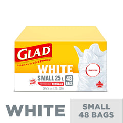 Glad White Garbage Bags - Small 25 Litres - Unscented, 48 Trash Bags, Made in Canada of Global Components