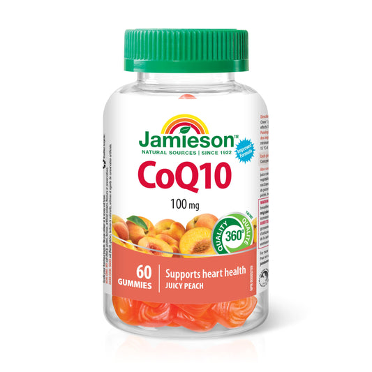 Jamieson CoQ10 100 mg Gummies Juicy Peach Flavour, Coenzyme Q10, Supports Heart Health and Reduces Frequency of Migraines. Potent Antioxidant, Vegetarian, Gluten-Free, No Artificial Colours, Flavours, or Preservatives, 60 Count